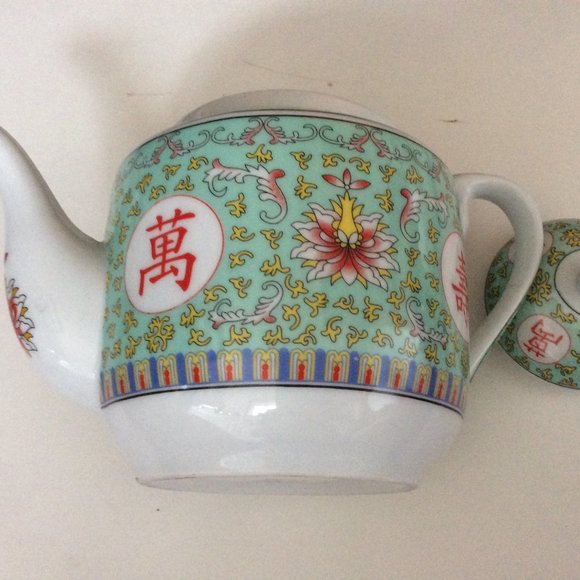 Vintage Chinese porcelain teapot, cup and bowl lot of 3 items wan shou wu jiang - Picture 2 of 7